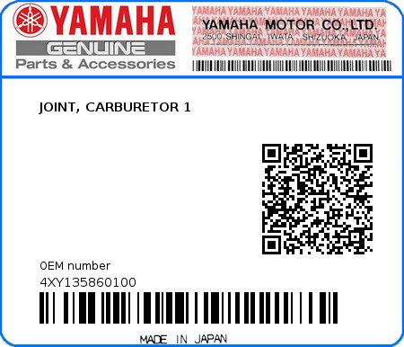 Product image: Yamaha - 4XY135860100 - JOINT, CARBURETOR 1  0