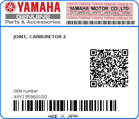 Product image: Yamaha - 4XY135960100 - JOINT, CARBURETOR 2  0