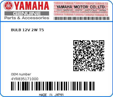 Product image: Yamaha - 4YR835171000 - BULB 12V 2W T5   0