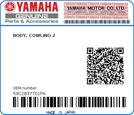 Product image: Yamaha - 59C2837701P6 - BODY, COWLING 2  0