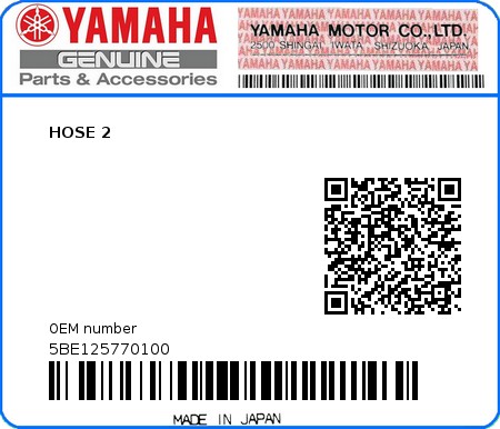 Product image: Yamaha - 5BE125770100 - HOSE 2  0