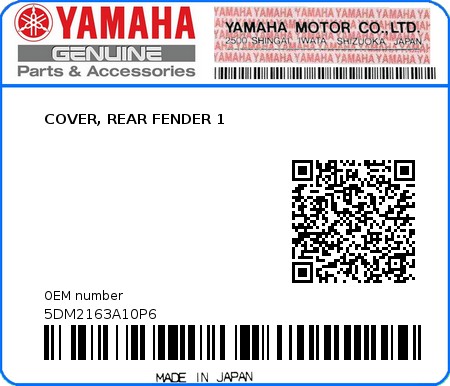 Product image: Yamaha - 5DM2163A10P6 - COVER, REAR FENDER 1  0
