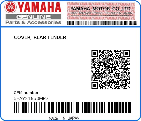 Product image: Yamaha - 5EAY21650MP7 - COVER, REAR FENDER  0