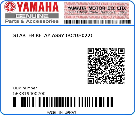 Product image: Yamaha - 5EK819400200 - STARTER RELAY ASSY (RC19-022)  0