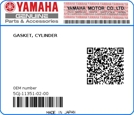 Product image: Yamaha - 5GJ-11351-02-00 - GASKET, CYLINDER  0