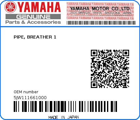 Product image: Yamaha - 5JW111661000 - PIPE, BREATHER 1  0