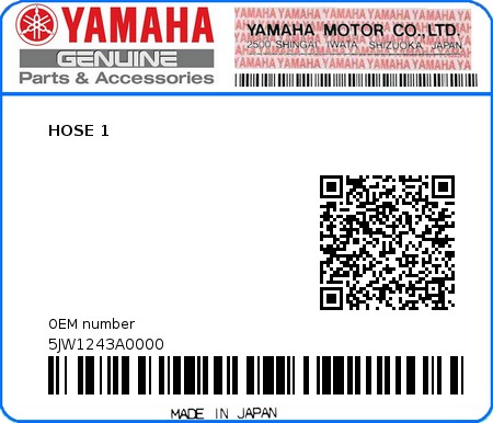 Product image: Yamaha - 5JW1243A0000 - HOSE 1  0