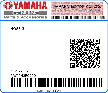 Product image: Yamaha - 5JW1243F0000 - HOSE 3   0