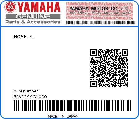 Product image: Yamaha - 5JW1244G1000 - HOSE, 4  0