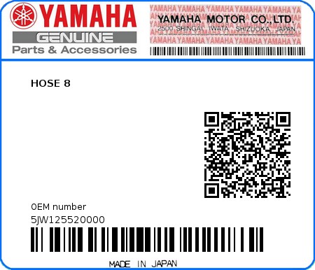 Product image: Yamaha - 5JW125520000 - HOSE 8   0