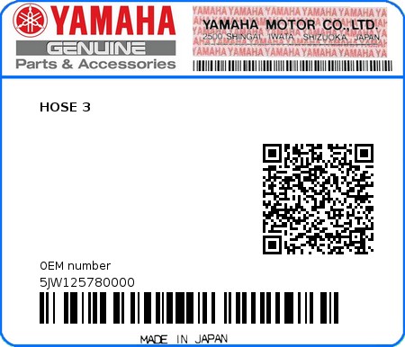 Product image: Yamaha - 5JW125780000 - HOSE 3  0