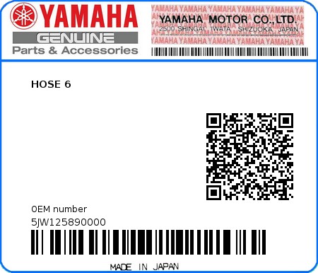 Product image: Yamaha - 5JW125890000 - HOSE 6  0