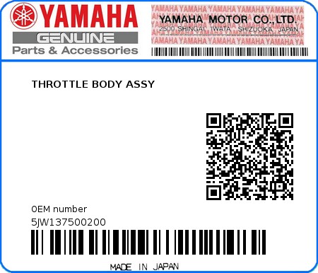 Product image: Yamaha - 5JW137500200 - THROTTLE BODY ASSY  0