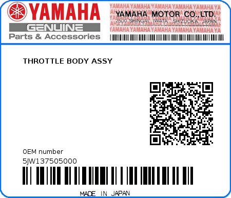 Product image: Yamaha - 5JW137505000 - THROTTLE BODY ASSY  0