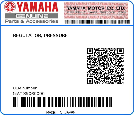 Product image: Yamaha - 5JW139060000 - REGULATOR, PRESSURE  0