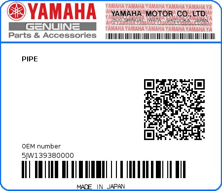 Product image: Yamaha - 5JW139380000 - PIPE  0
