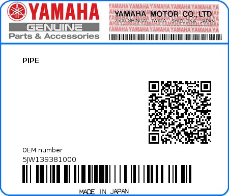 Product image: Yamaha - 5JW139381000 - PIPE  0