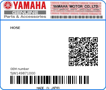 Product image: Yamaha - 5JW149871000 - HOSE  0