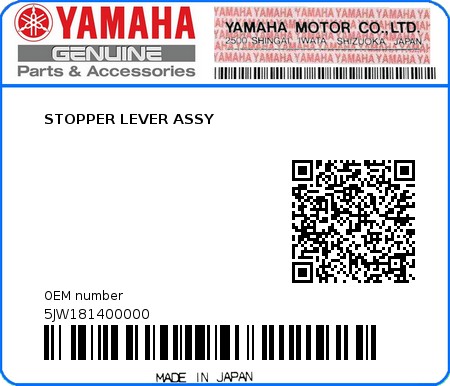 Product image: Yamaha - 5JW181400000 - STOPPER LEVER ASSY  0