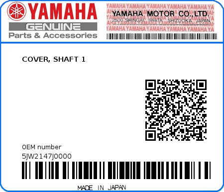 Product image: Yamaha - 5JW2147J0000 - COVER, SHAFT 1  0