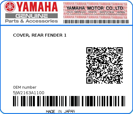 Product image: Yamaha - 5JW2163A1100 - COVER, REAR FENDER 1  0