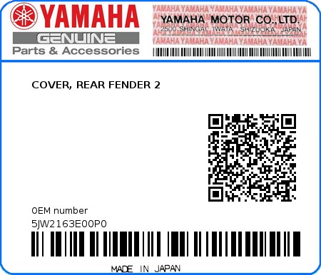 Product image: Yamaha - 5JW2163E00P0 - COVER, REAR FENDER 2  0