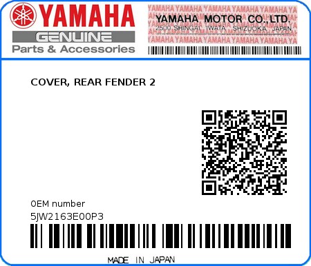 Product image: Yamaha - 5JW2163E00P3 - COVER, REAR FENDER 2  0