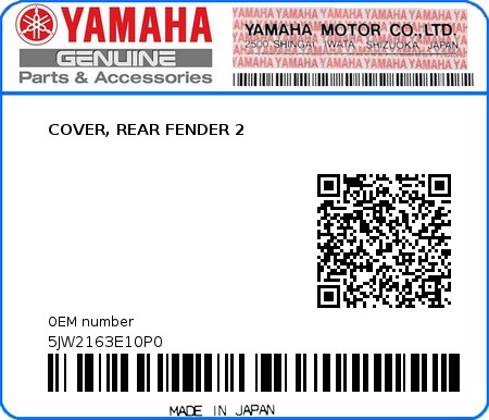 Product image: Yamaha - 5JW2163E10P0 - COVER, REAR FENDER 2  0