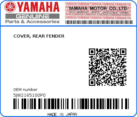 Product image: Yamaha - 5JW2165100P0 - COVER, REAR FENDER  0