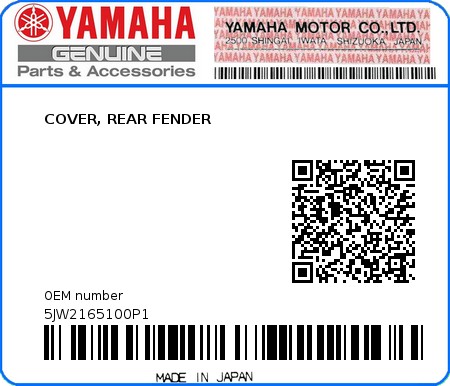 Product image: Yamaha - 5JW2165100P1 - COVER, REAR FENDER  0