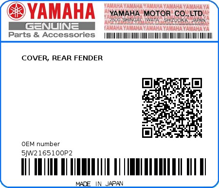 Product image: Yamaha - 5JW2165100P2 - COVER, REAR FENDER  0
