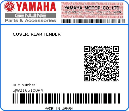 Product image: Yamaha - 5JW2165100P4 - COVER, REAR FENDER  0