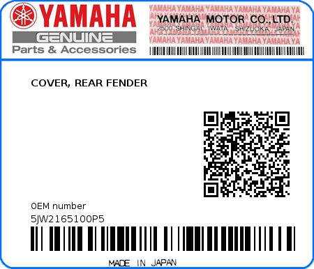 Product image: Yamaha - 5JW2165100P5 - COVER, REAR FENDER  0