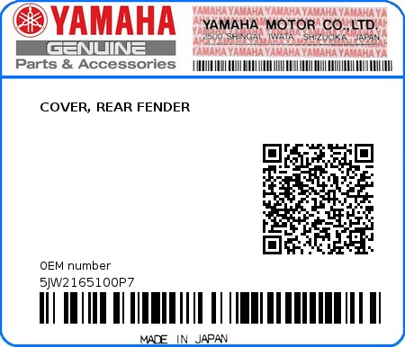 Product image: Yamaha - 5JW2165100P7 - COVER, REAR FENDER  0
