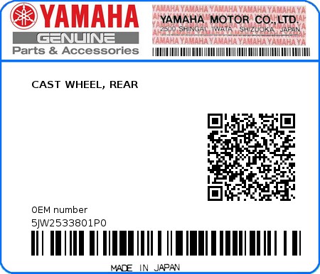 Product image: Yamaha - 5JW2533801P0 - CAST WHEEL, REAR  0