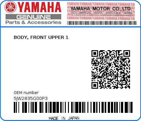Product image: Yamaha - 5JW2835G00P3 - BODY, FRONT UPPER 1  0