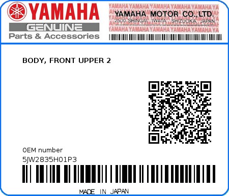 Product image: Yamaha - 5JW2835H01P3 - BODY, FRONT UPPER 2  0