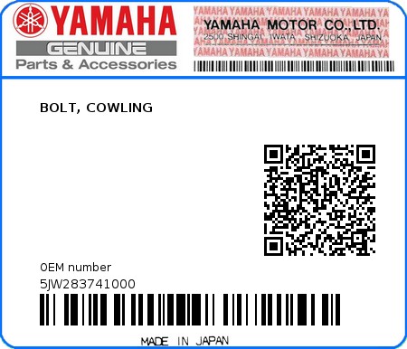 Product image: Yamaha - 5JW283741000 - BOLT, COWLING  0