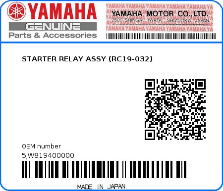 Product image: Yamaha - 5JW819400000 - STARTER RELAY ASSY (RC19-032)  0