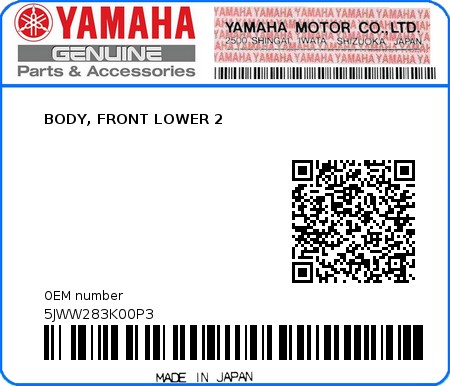 Product image: Yamaha - 5JWW283K00P3 - BODY, FRONT LOWER 2  0