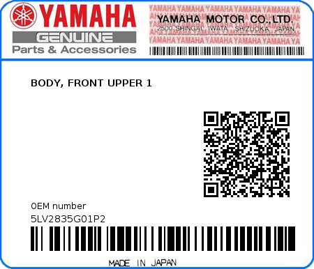 Product image: Yamaha - 5LV2835G01P2 - BODY, FRONT UPPER 1  0