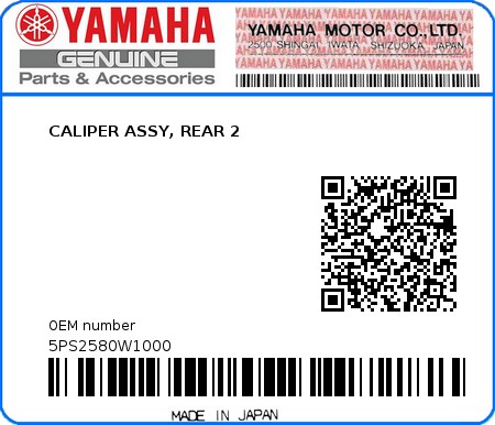 Product image: Yamaha - 5PS2580W1000 - CALIPER ASSY, REAR 2  0