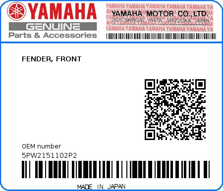 Product image: Yamaha - 5PW2151102P2 - FENDER, FRONT  0