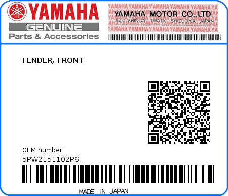 Product image: Yamaha - 5PW2151102P6 - FENDER, FRONT  0