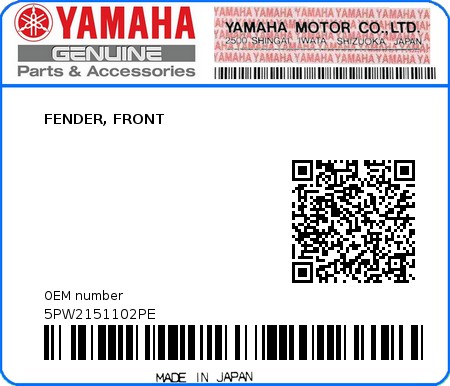Product image: Yamaha - 5PW2151102PE - FENDER, FRONT  0