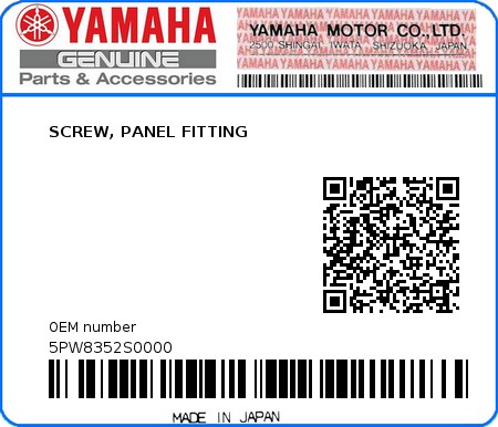 Product image: Yamaha - 5PW8352S0000 - SCREW, PANEL FITTING  0