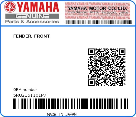 Product image: Yamaha - 5RU2151101P7 - FENDER, FRONT  0