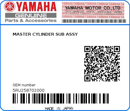 Product image: Yamaha - 5RU258702000 - MASTER CYLINDER SUB ASSY  0