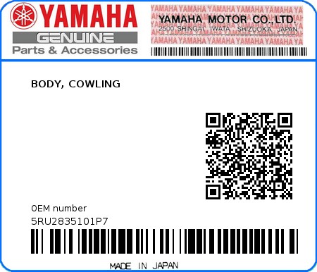 Product image: Yamaha - 5RU2835101P7 - BODY, COWLING  0
