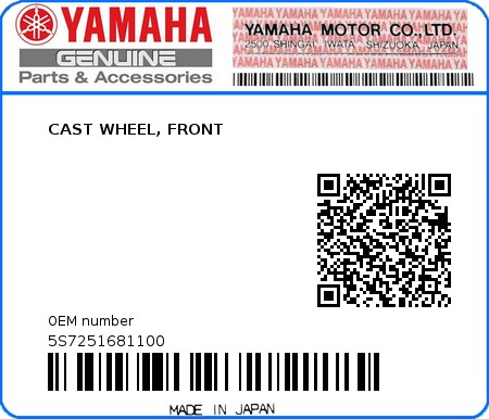Product image: Yamaha - 5S7251681100 - CAST WHEEL, FRONT  0
